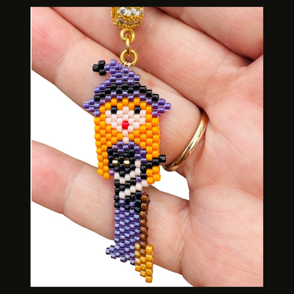 Hand Crafted Witch Pendant Necklace in Purple and Orange, Witch Holding Cat